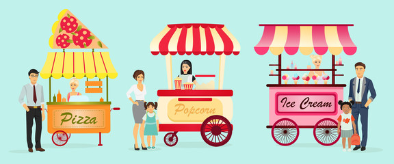 Creative detailed vector street pizza cart, popcorn and ice cream shop with sellers. Young people buy street food or junk food in food festival event. Illustration in flat cartoon style.