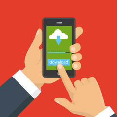 Downloading document, infographics. Flat design. File download concept button on smartphone screen. Hand holds smartphone.