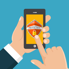 Hand holds a mobile phone. Mobile security app. User touch screen. Flat vector illustration
