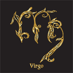 Embroidery with zodiac sign. In gold on black background.  Stock line vector illustration.