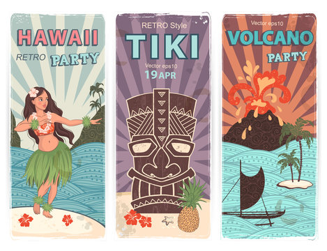 Retro set of banners with  Hawaiian symbols