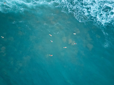 Surfers swim in blue water