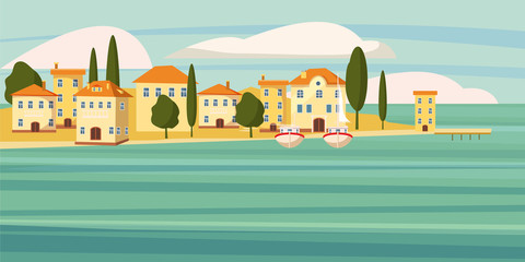 Beautiful seascape, southern city by the sea, houses,cartoon, boats, vector, illustration