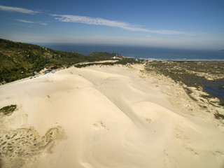 Aerial view Dunes in sunny day - Joaquina beach - Florianopolis - Santa Catarina - Brazil. July, 2017