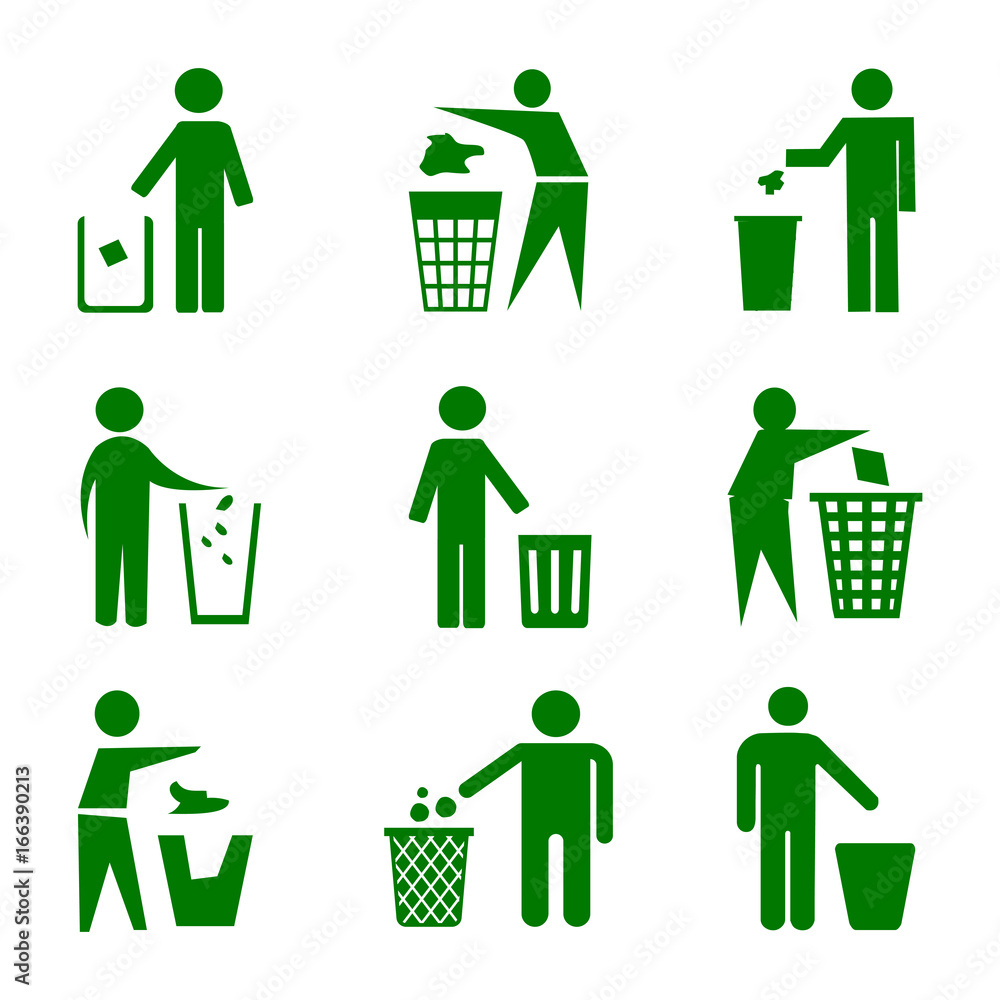 Aufkleber set of trash can with man – stock vector