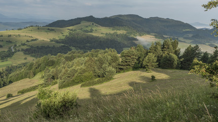 Fototapeta na wymiar Meadows over Lesnica village in summer morning