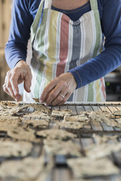 Hands laying baked crackers on baking rack