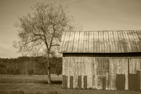 Rustic old barn with sepia tone historic farming culture in american heartland for past history concept.