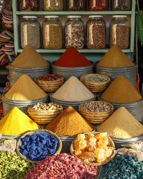 wares at a spice stall in a Marrakesh market