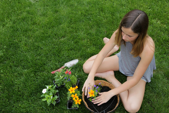 A Teenage Girl Planting A Colorful Basket Of Flowers