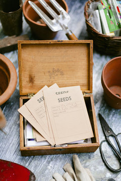 Overhead shot of collection of vintage gardening tools