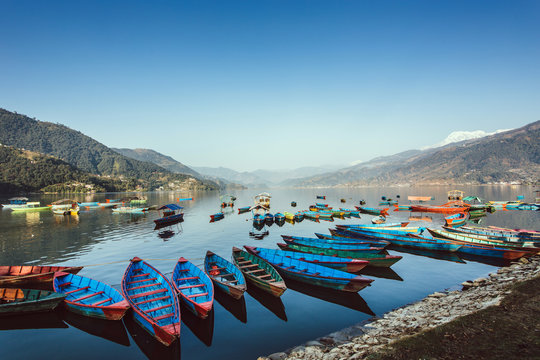 the boats in the phewa lake ,Pokhara