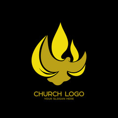 Church logo. Christian symbols. The Dove and the Flame of the Holy Spirit, the Kingdom of God