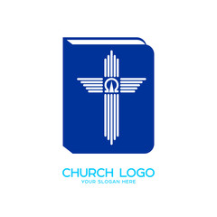 Church logo. Christian symbols. The Bible, the cross and the symbols of alpha and omega