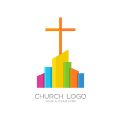 Church logo. Christian symbols. The cross of Jesus and the colored city