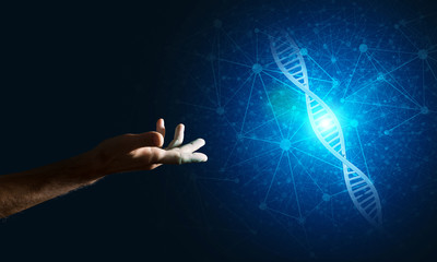 Science medicine and technology concepts as DNA molecule on dark background with connection lines