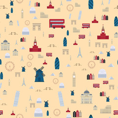 Euro trip tourism travel design famous seamless pattern building international vector illustration.