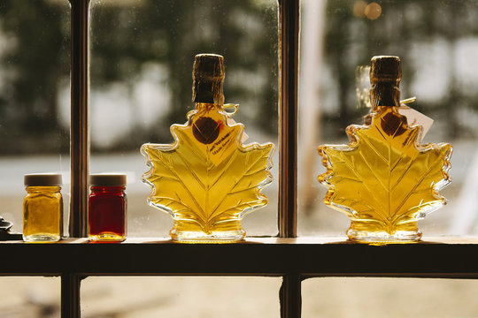 Maple Syrup Grade Display in Window of Sugar Shack