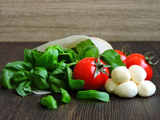 Delicious salad with mozzarella balls. Products for cooking Caprese salad. Copy space.