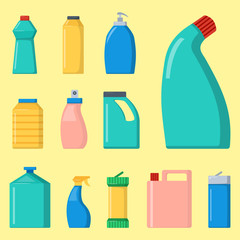 Bottles of household chemicals supplies cleaning housework liquid domestic fluid cleaner pack vector illustration.
