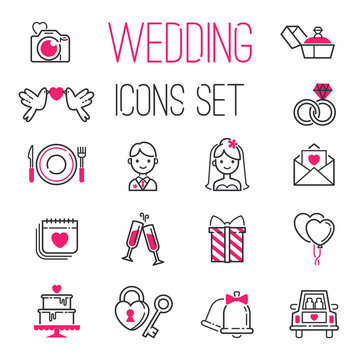 Outline wedding day marriage icons set of icons for engagement get married love vector illustration.
