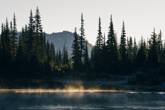 Mist rising off calm waters of Refection Lakes at dawn, Mt. Rainier NP, WA, USA