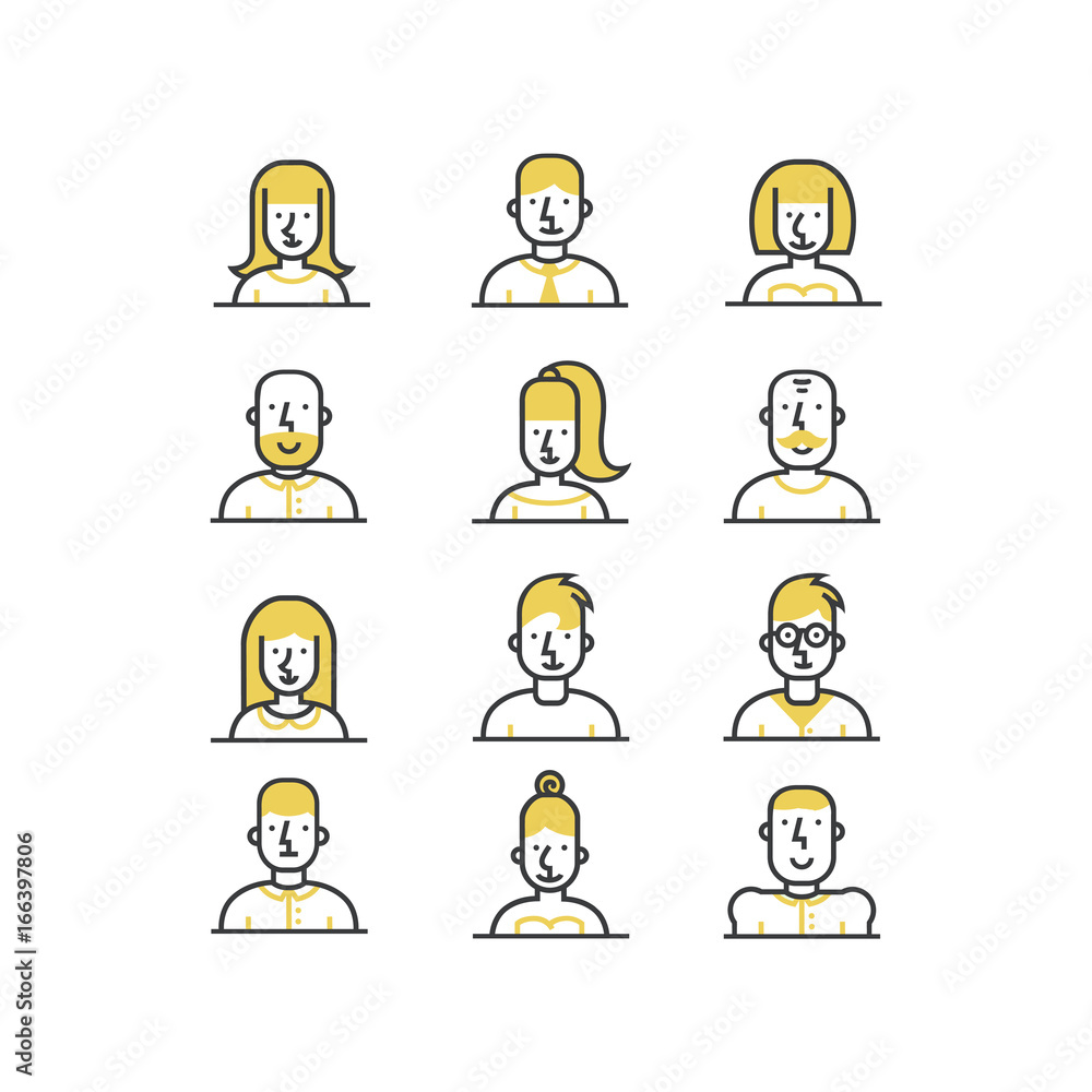 Wall mural People avatar line style icons set in yellow and black colors on white background.