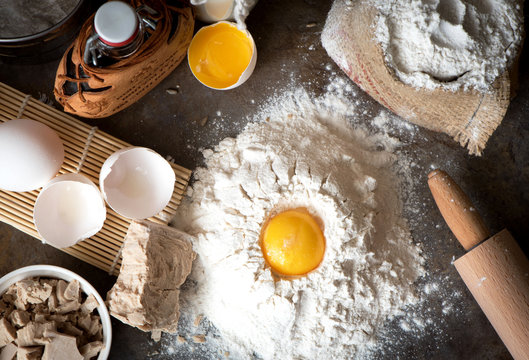 Baking ingredients - milk, eggs, flour, oil. Dough preparation