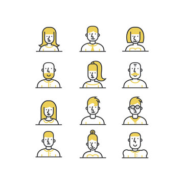People avatar line style icons set in yellow and black colors on white background.