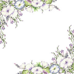 background with watercolor drawing wild flowers, round floral frame, wreath with painted field plants, herbal border,botanical illustration in vintage style
