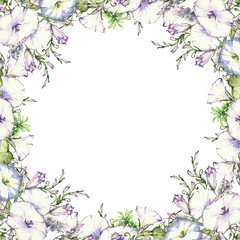 background with watercolor drawing wild flowers, round floral frame, wreath with painted field plants, herbal border,botanical illustration in vintage style