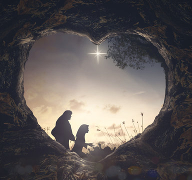 Christmas Religious Nativity Concept: Silhouette Mother Mary And Father Joseph Looking Jesus Born In Birth Manger