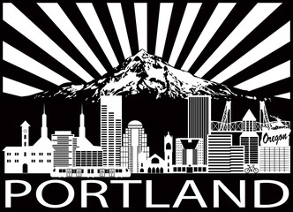 Portland City Skyline and Mount Hood Black White vector Illustration - 166399252
