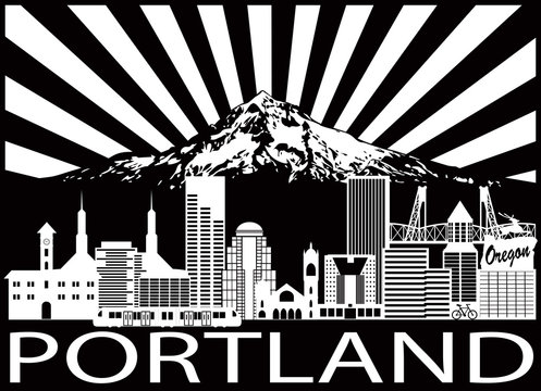 Portland City Skyline And Mount Hood Black White Vector Illustration