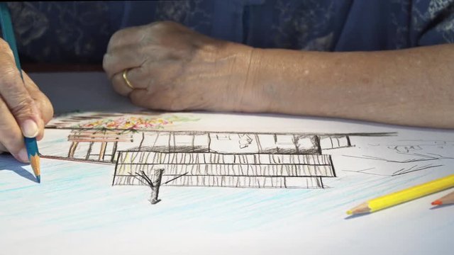 Elderly woman painting color on her hobby drawing