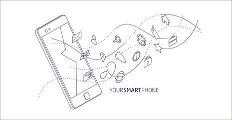 Isometric concept of smartphone with different applications, on-line services and stationary options.