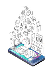 Isometric concept of smartphone with different applications, on-line services and stationary options.