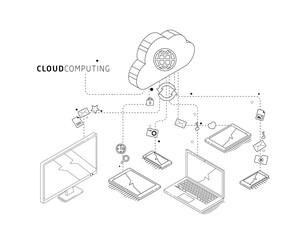 Isometric concept of cloud computing. Cloud network and services.