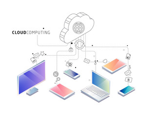 Isometric concept of cloud computing. Cloud network and services.