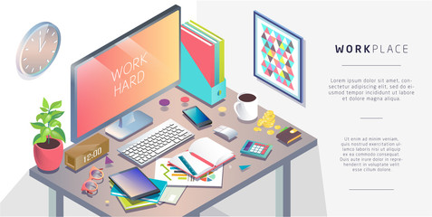 Isometric concept of workplace with computer and office equipment. - 166400459