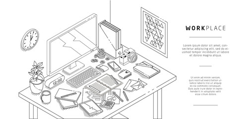 Isometric concept of workplace with computer and office equipment.