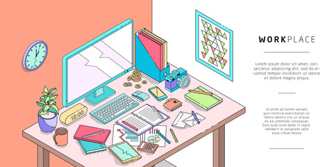 Isometric concept of workplace with computer and office equipment. - 166400487