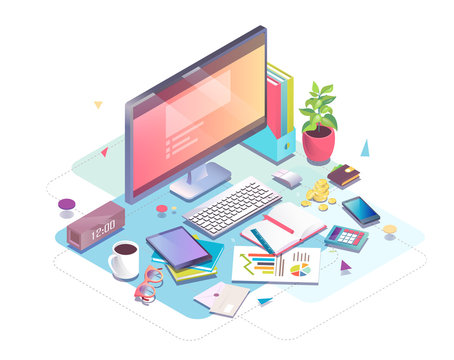 Isometric concept of workplace with computer and office equipment.