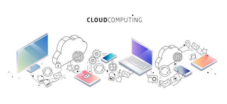 Isometric concept of cloud computing. Cloud network and services.