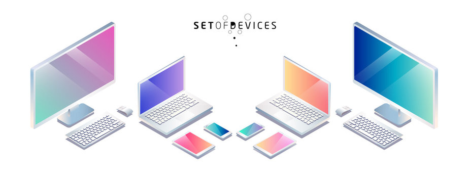 Isometric set of  computer, mobile phone, tablet, laptop.