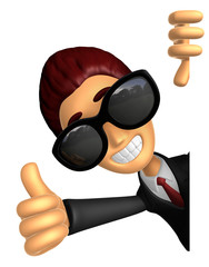 Wear sunglasses 3D Business man Mascot the left hand best gesture and right hand is holding a board. 3D Animal Character Design Series.