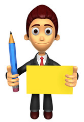 3D Business man mascot hand is holding a pencil and board. Work and Job Character Design Series.