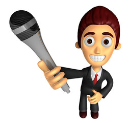 3D Business man Mascot is holding a microphone. Work and Job Character Design Series.