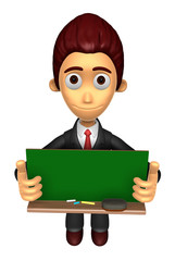 3D Business man Mascot holding a big board with both Green chalkboard. Work and Job Character Design Series.