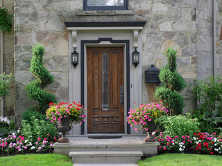 front door with flowers